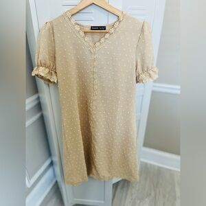 GOMORN Swiss Dot Beige Dress | Size S | Cottagecore Boho Romantic Coquette